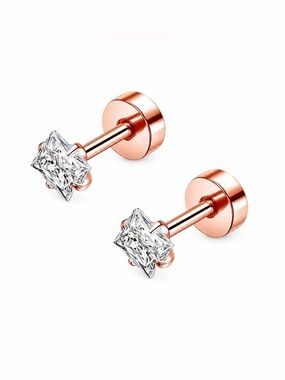 Rose Gold 4mm Square CZ Flat Back Stud Earrings 20G Stainless Steel